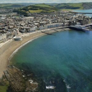 A photo of the Aberystwyth beach and coastline taken from the air
