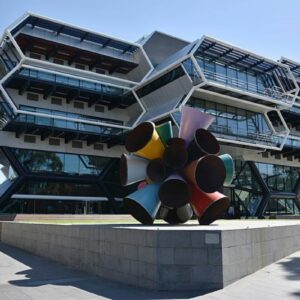 Monash University Green Chem Building exterior, complete with abstract sculpture